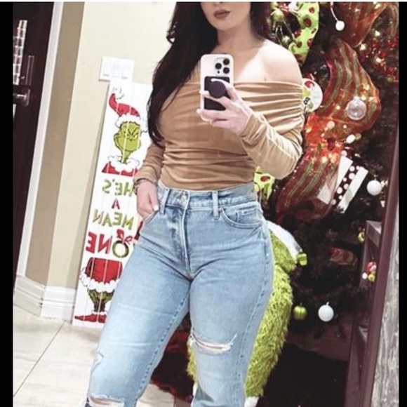 Express Tan Velvet Asymmetrical Wrap Thong Bodysuit Large - Picture 2 of 8